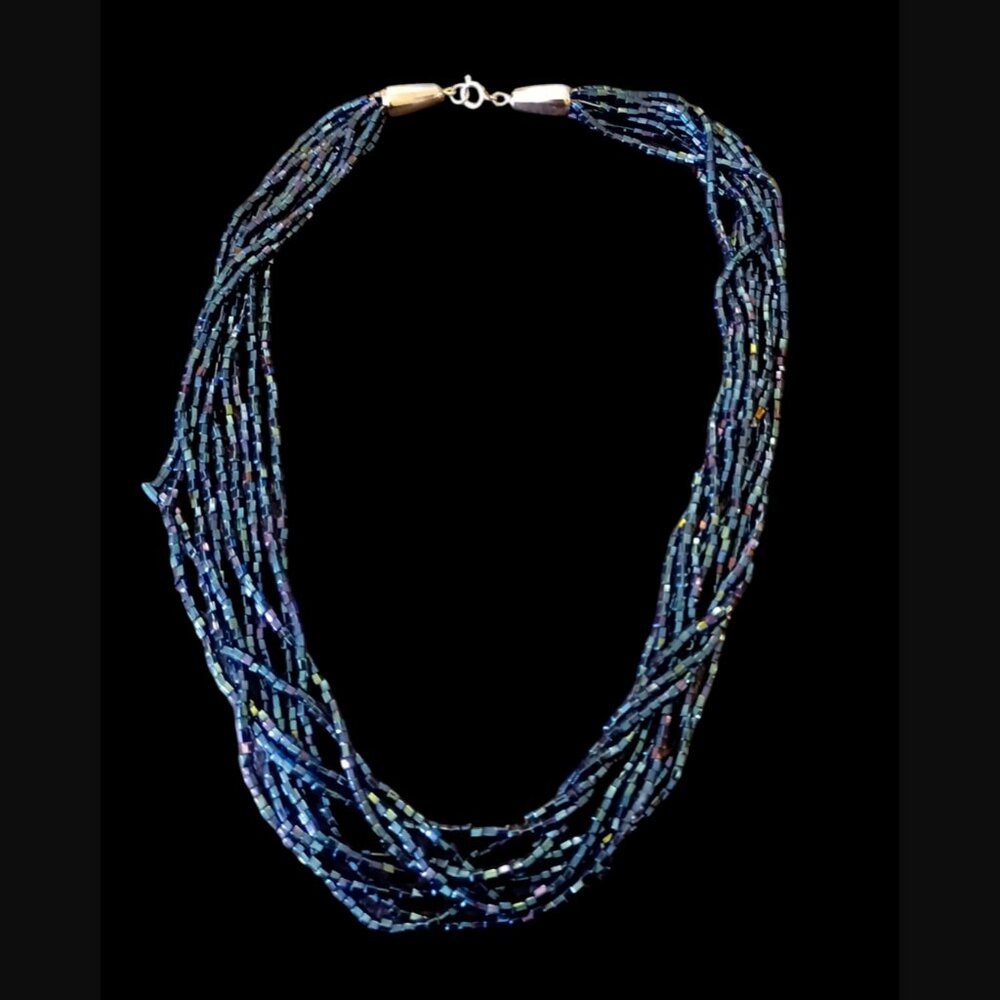 Boho Seed Bead Multistrand Silver Tone Clasp 21" Long Statement Necklace